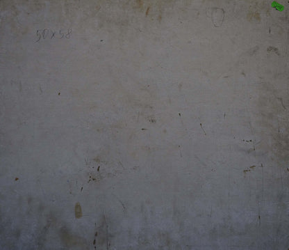 Back of Oil painting Flowers and fruits on weathered off-white wall with pencil marks and green sticker