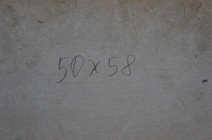 Back of Oil painting Flowers and fruits with 50x58 inch handwritten markings on gray concrete