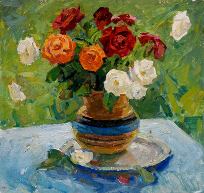 Oil painting of colorful roses bouquet in striped ceramic vase