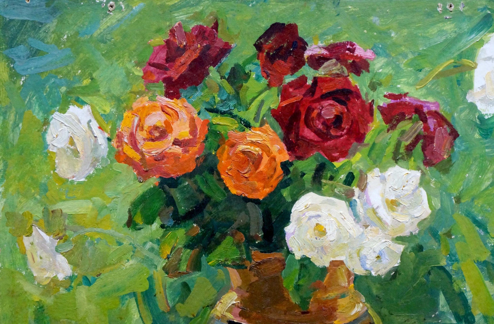Oil painting of vibrant red, orange, white roses bouquet by unknown artist