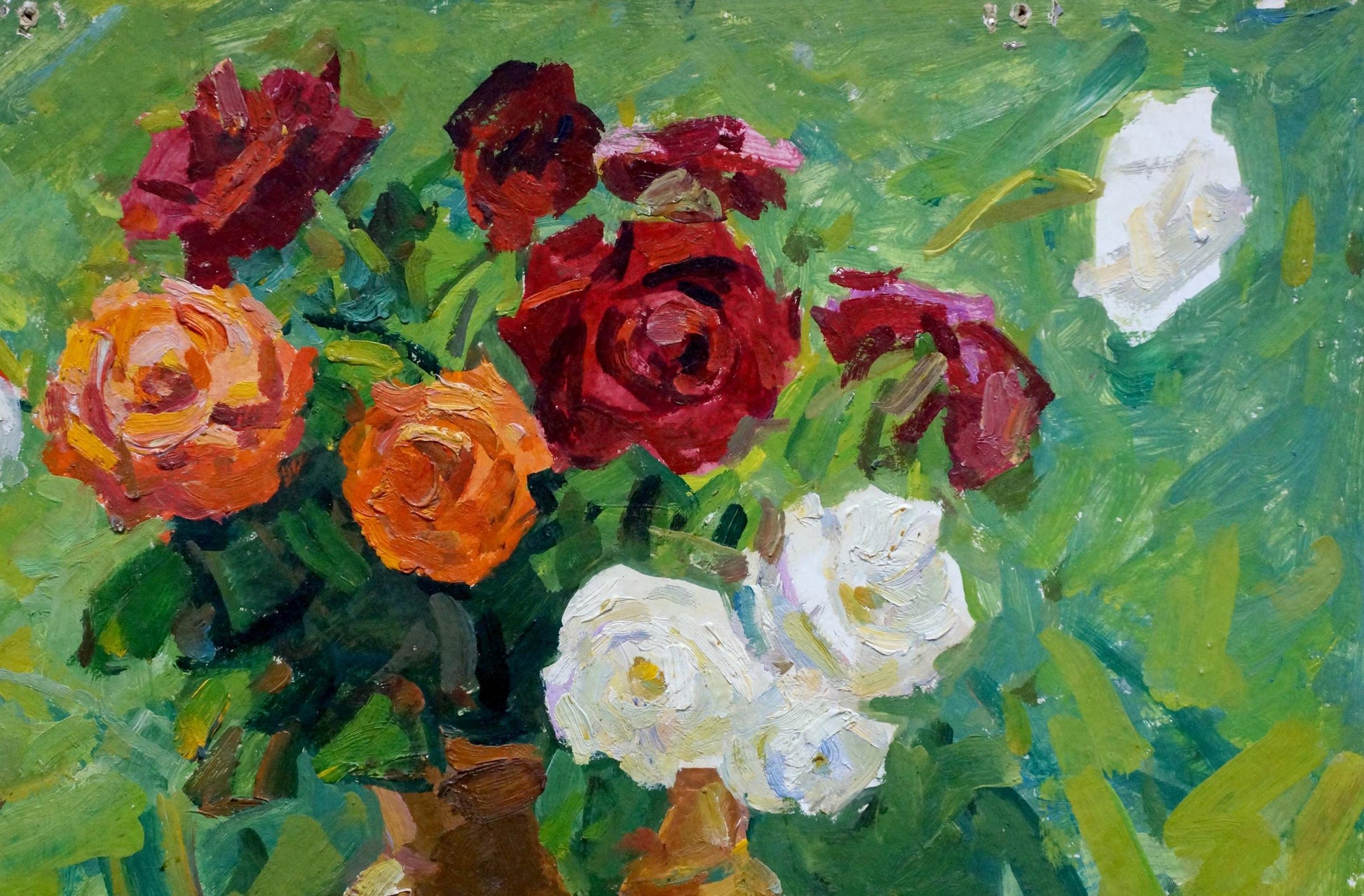 Oil painting of vibrant red, orange, white roses bouquet by unknown artist