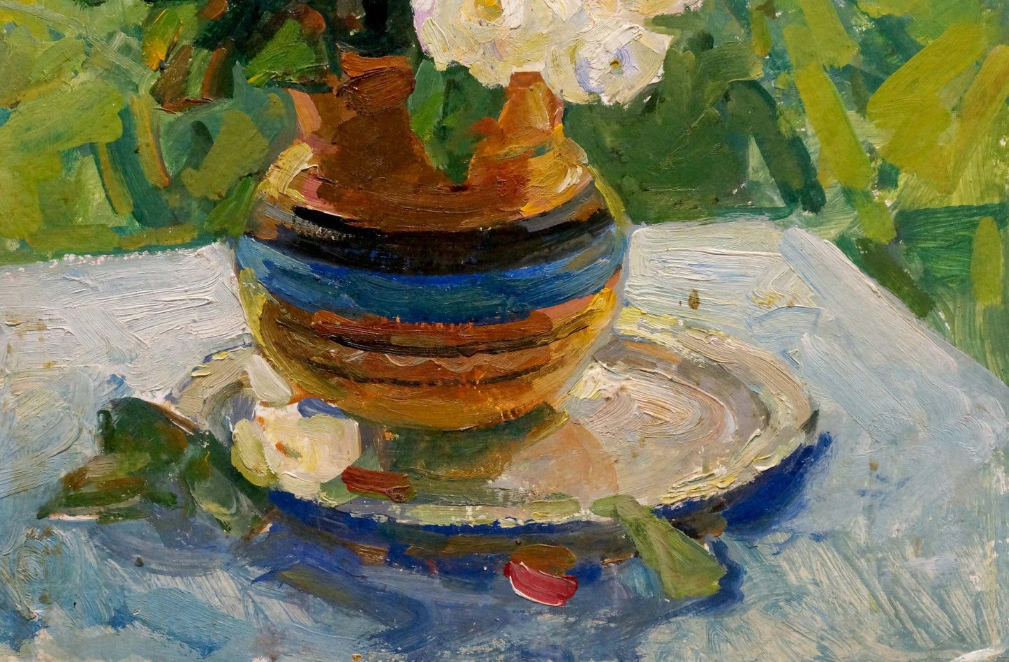 Oil painting of colorful roses bouquet in striped ceramic vase on green background