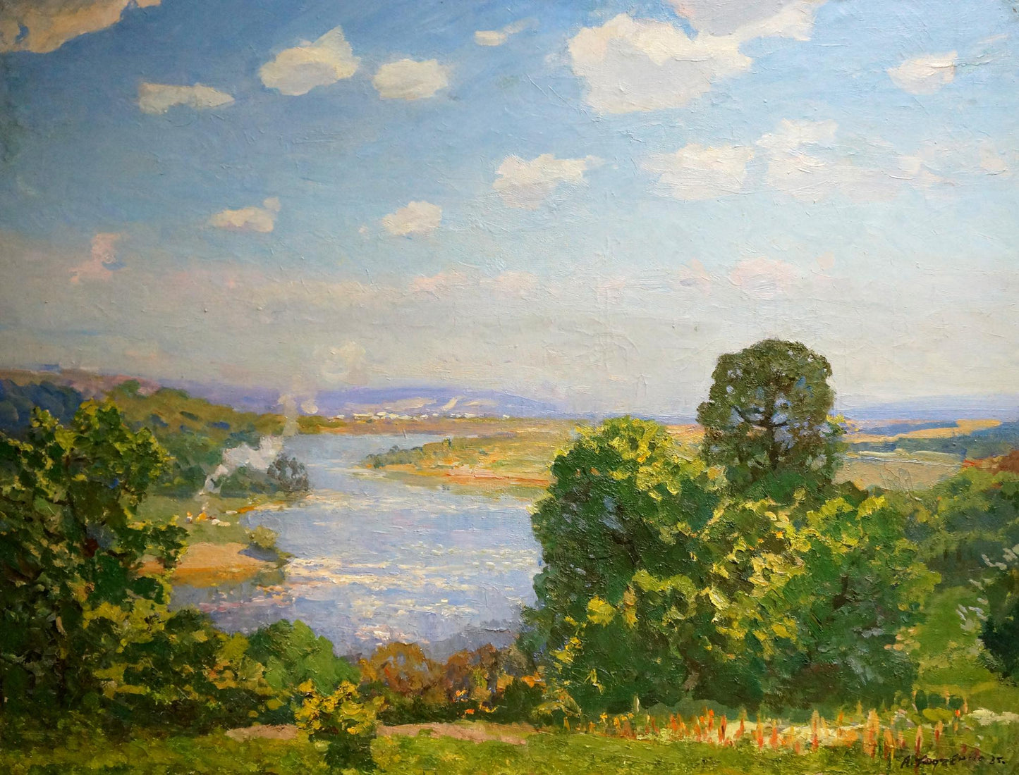 Serene impressionistic oil painting by Lev Pavlovich Khodchenko Summer: winding river and lush trees