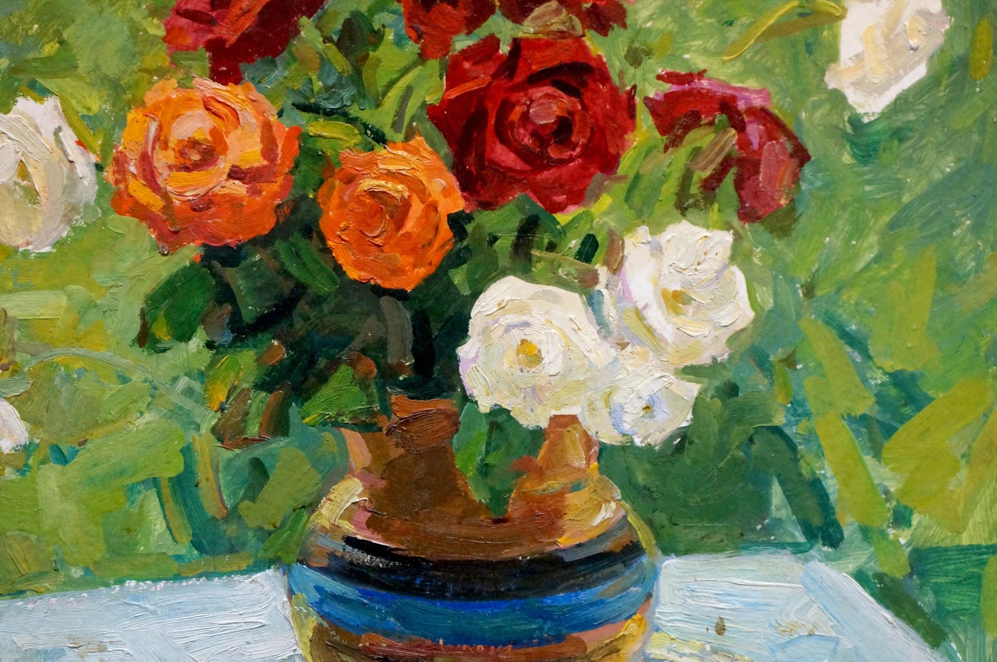 Oil painting of vibrant red, orange, white roses bouquet in blue-gold vase