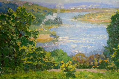 Serene impressionistic oil painting by Lev Pavlovich Khodchenko Summer river hills