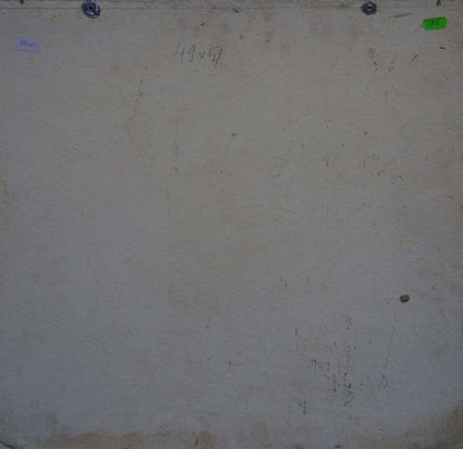 Back of oil painting Bouquet of colorful roses on weathered off-white canvas with metal fasteners and handwritten dimensions