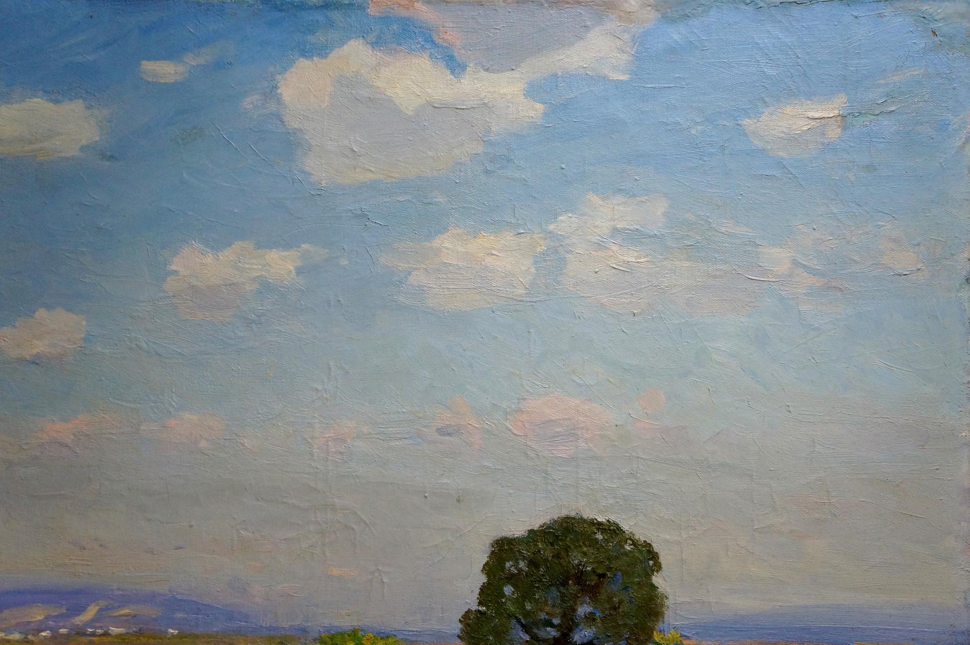 Oil painting Summer by Khodchenko Lev Pavlovich: lone green tree and cloudy sky