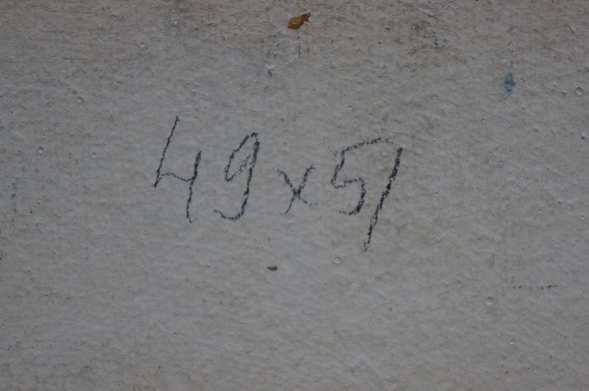 Black chalk markings on gray concrete wall behind colorful roses oil painting
