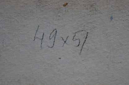 Black chalk markings on gray concrete wall behind colorful roses oil painting