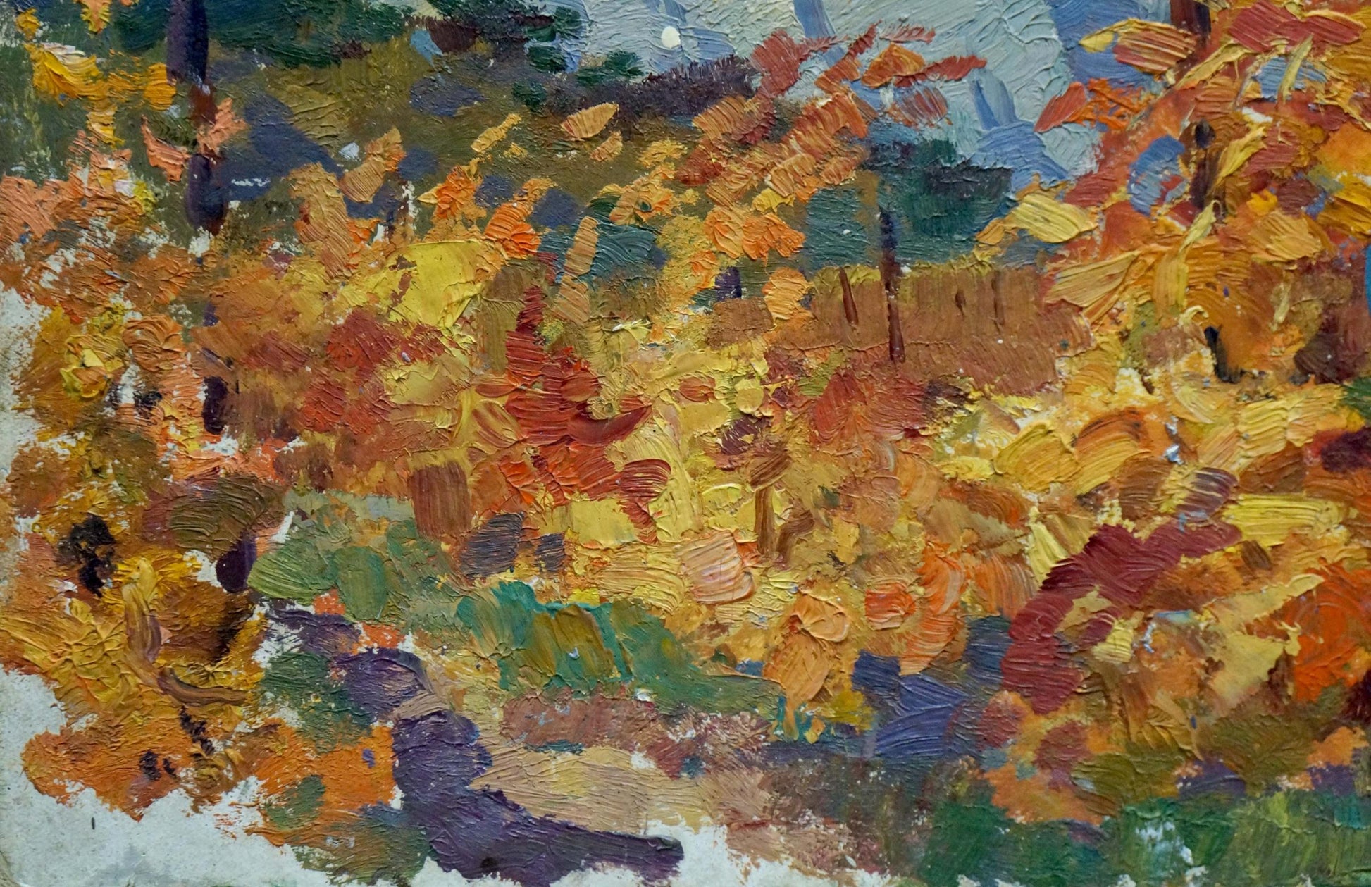 Vibrant impressionist oil painting of autumn mountain landscape by Arkady Strelov
