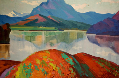 Oil painting by Atayan Armen Arshakovich: vibrant orange green landscape with purple mountains reflected in lake