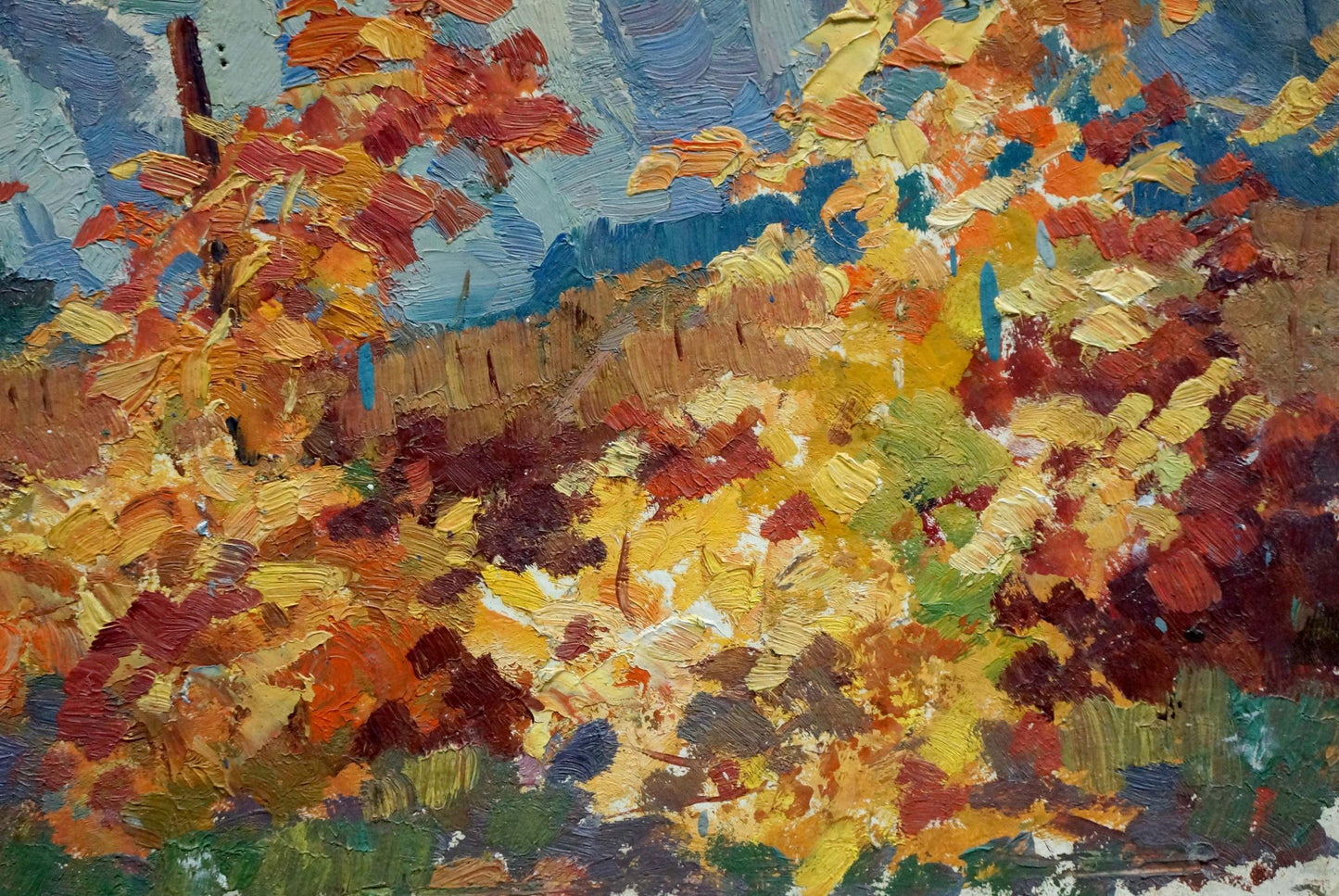 Oil painting of vibrant autumn mountain landscape by Arkady Strelov