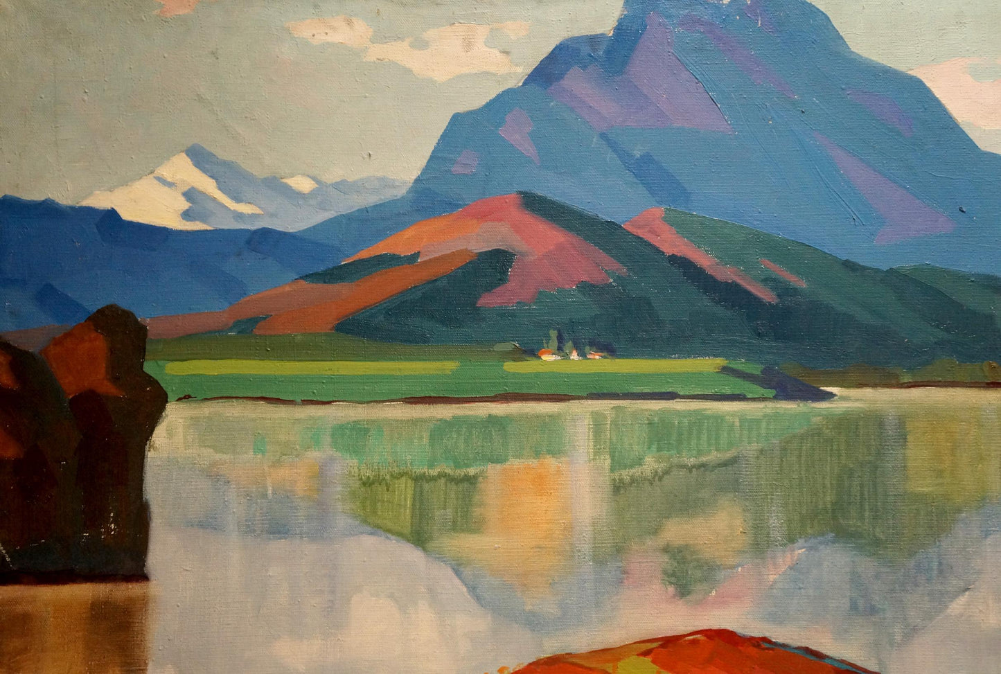 Oil painting of purple blue mountains reflected in lake by Atayan Armen Arshakovich