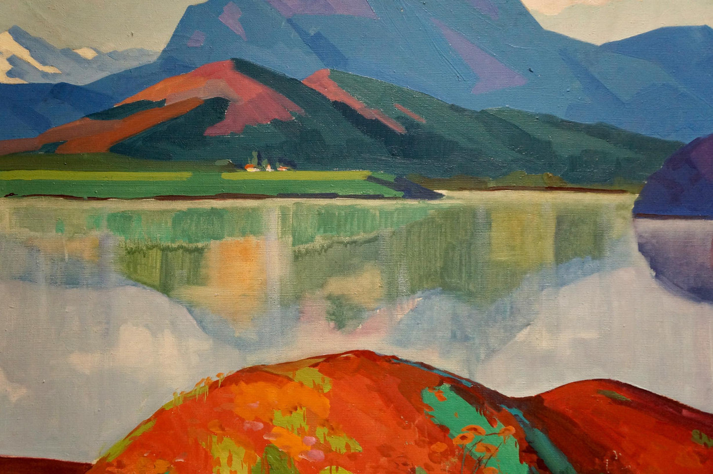 Vibrant impressionist oil painting by Atayan Armen Arshakovich: mountains reflected in lake