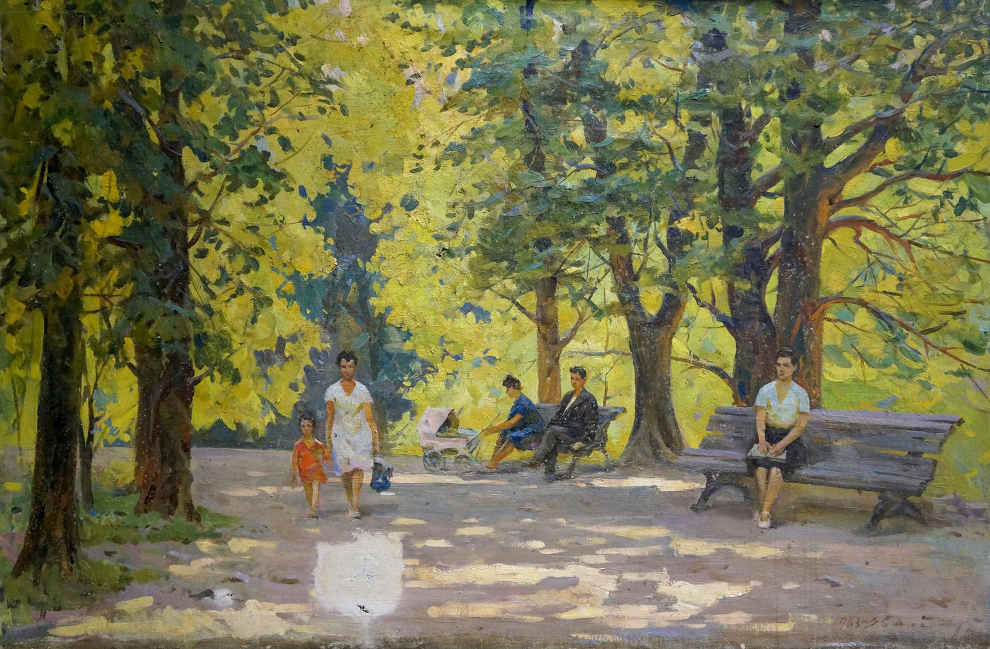 Oil painting of weathered wooden park bench by Bednoshey Daniil Panteleyevich