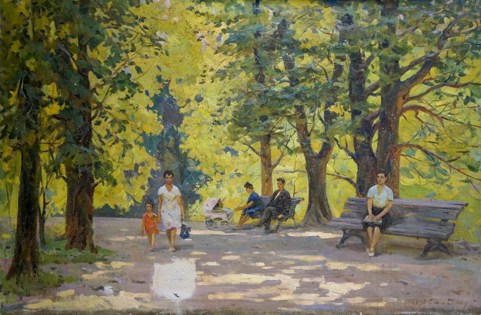 Oil painting of weathered wooden park bench by Bednoshey Daniil Panteleyevich