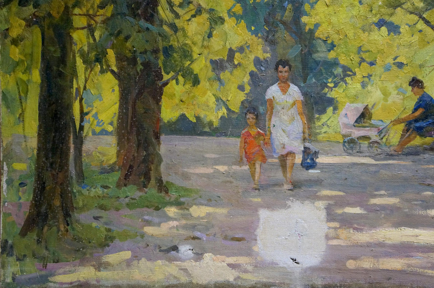 Oil painting by Bednoshey Daniil Panteleyevich: woman in white dress walks with child on sunlit park path