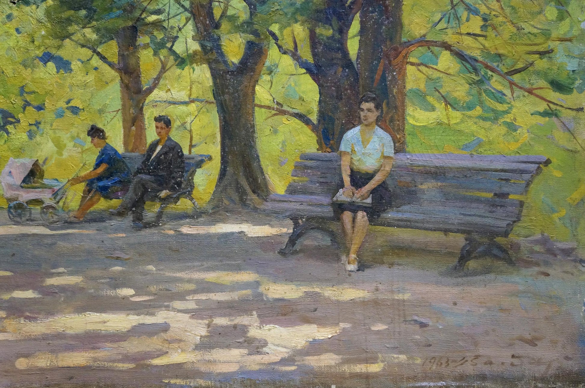 Oil painting of weathered wooden park bench by Bednoshey Daniil Panteleyevich