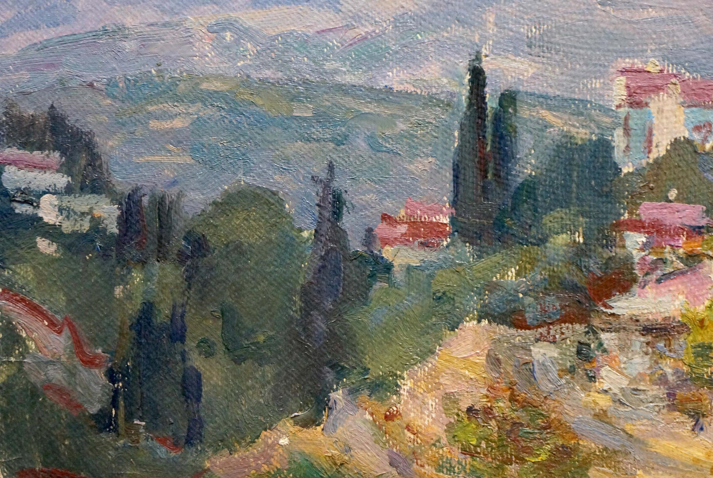 Oil painting Etude V. Kisil: hilly landscape with green trees, red roofs