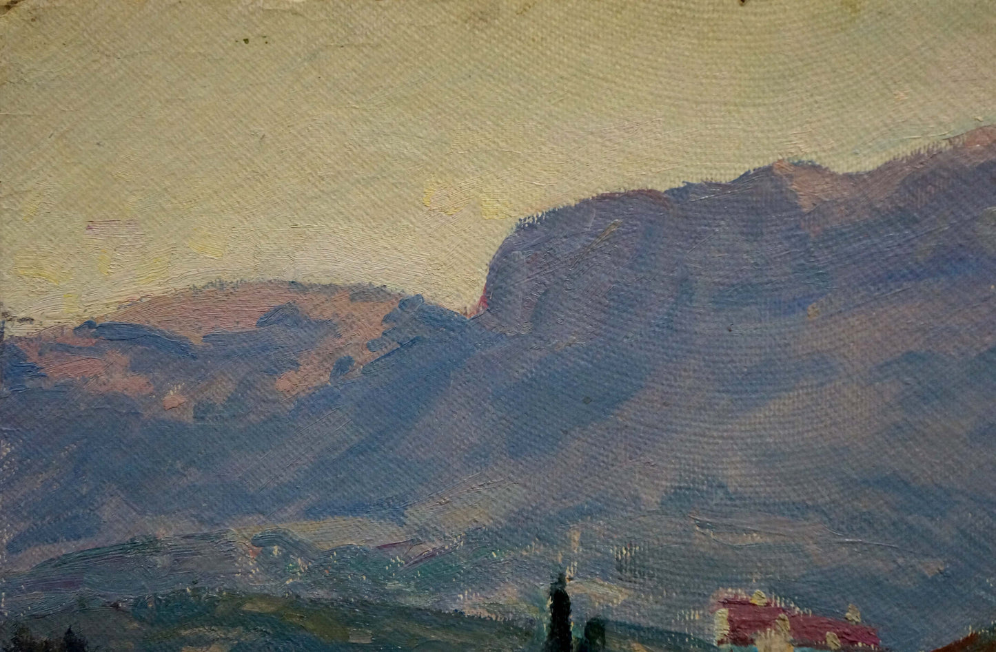 Oil painting Etude V. Kisil: textured mountain range in blue, purple hues