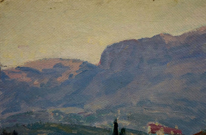 Oil painting Etude V. Kisil: textured mountain range in blue, purple hues