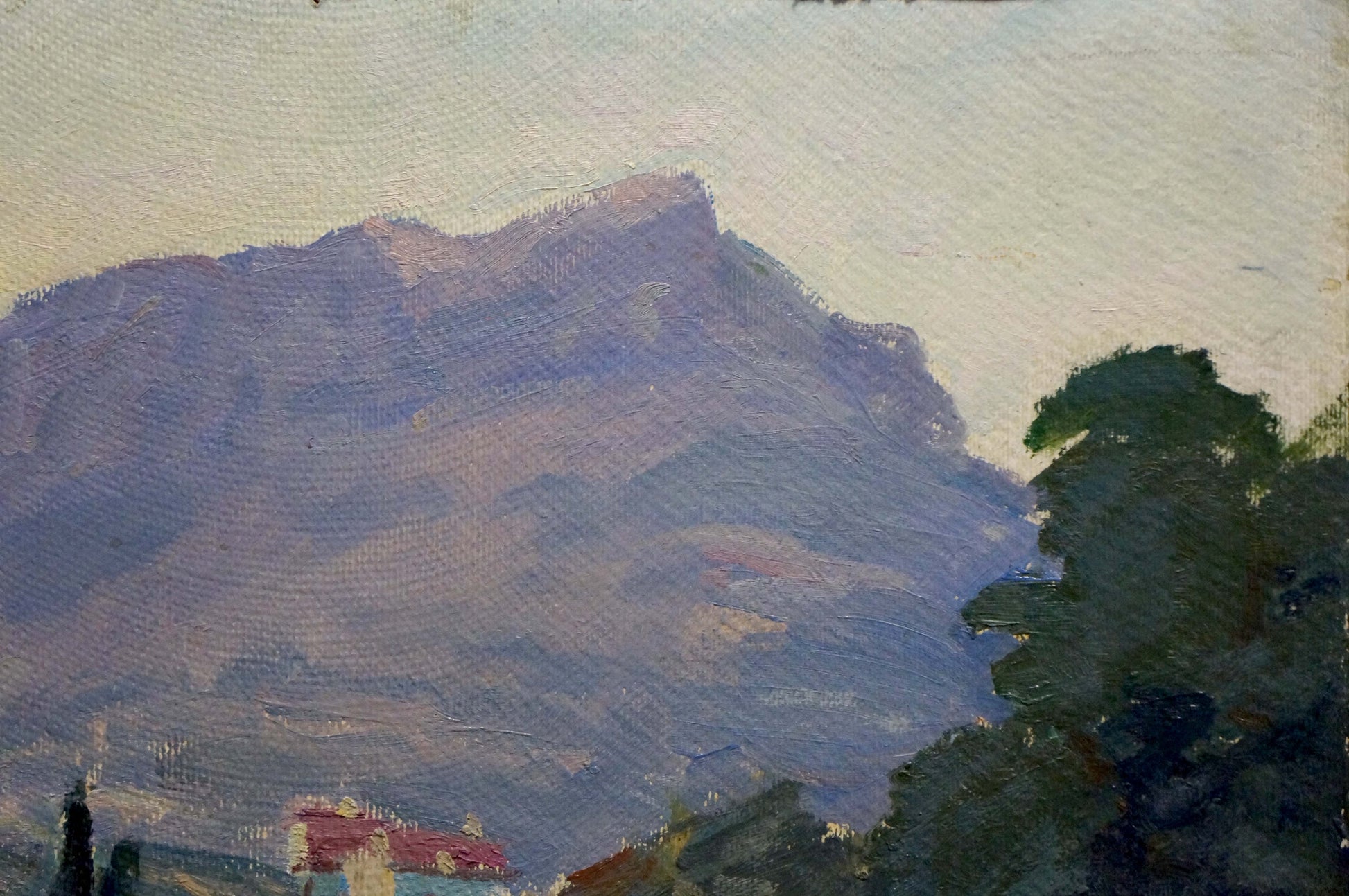 Oil painting Etude V. Kisil: majestic purple-gray mountain with green trees