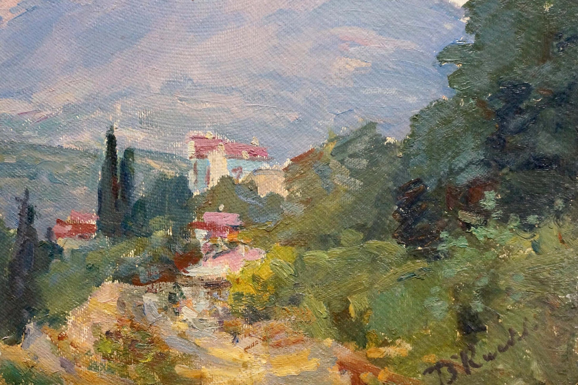 Vibrant impressionist oil painting Etude V. Kisil: sunlit hillside village