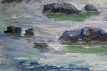 Oil painting Seascape Vasily Sokolov: turbulent sea with gray purple rocks