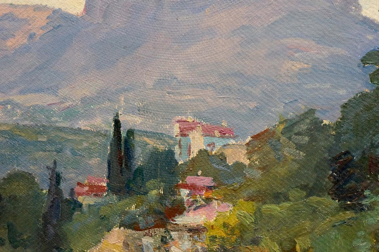 Oil painting Etude V. Kisil: impressionistic hillside village with red roofs