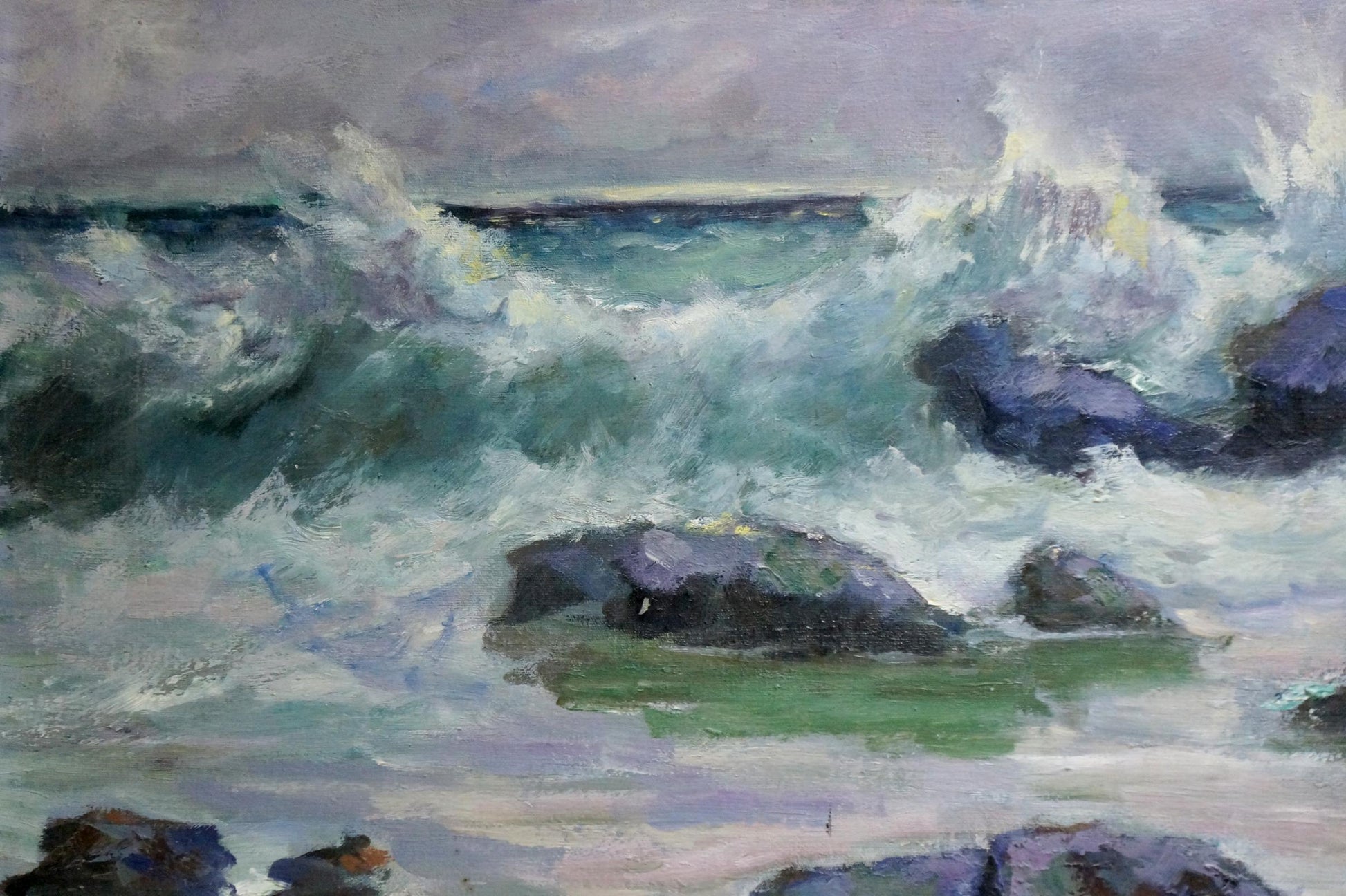 Oil painting Seascape Vasily Sokolov: stormy waves crashing on rugged rocks