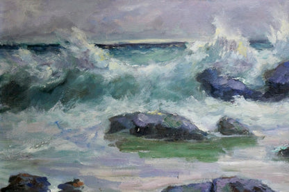 Oil painting Seascape Vasily Sokolov: stormy waves crashing on rugged rocks