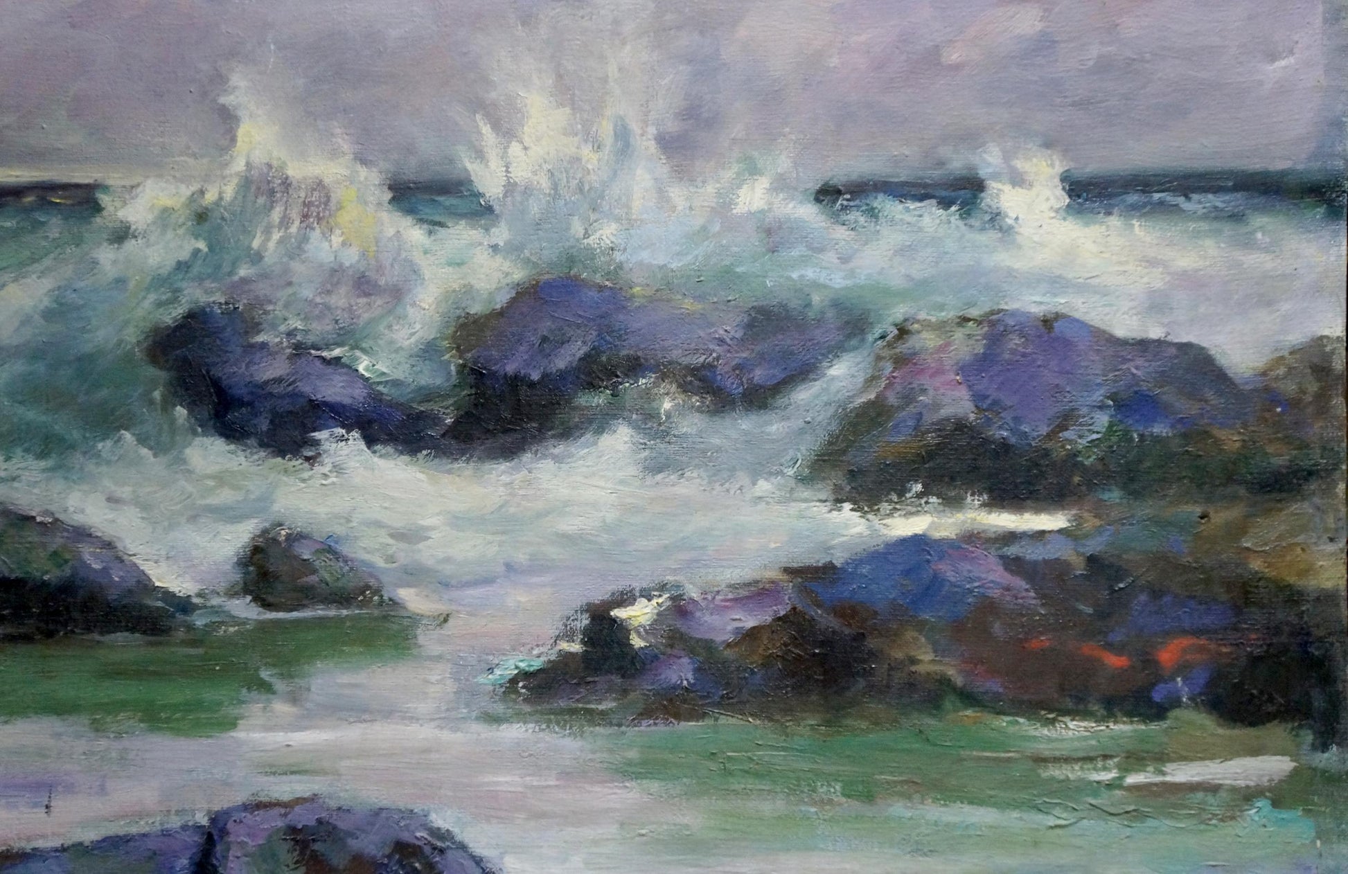Oil painting Seascape Vasily Sokolov: crashing teal waves on purple rocks