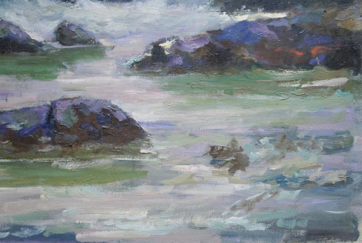 Impressionistic oil painting Seascape by Vasily Sokolov, purple-brown rocks in turbulent greenish-blue water
