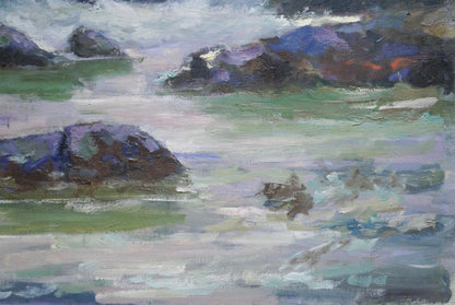 Impressionistic oil painting Seascape by Vasily Sokolov, purple-brown rocks in turbulent greenish-blue water