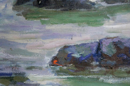Oil painting Seascape by Vasily Sokolov: rocky shore in green, purple hues