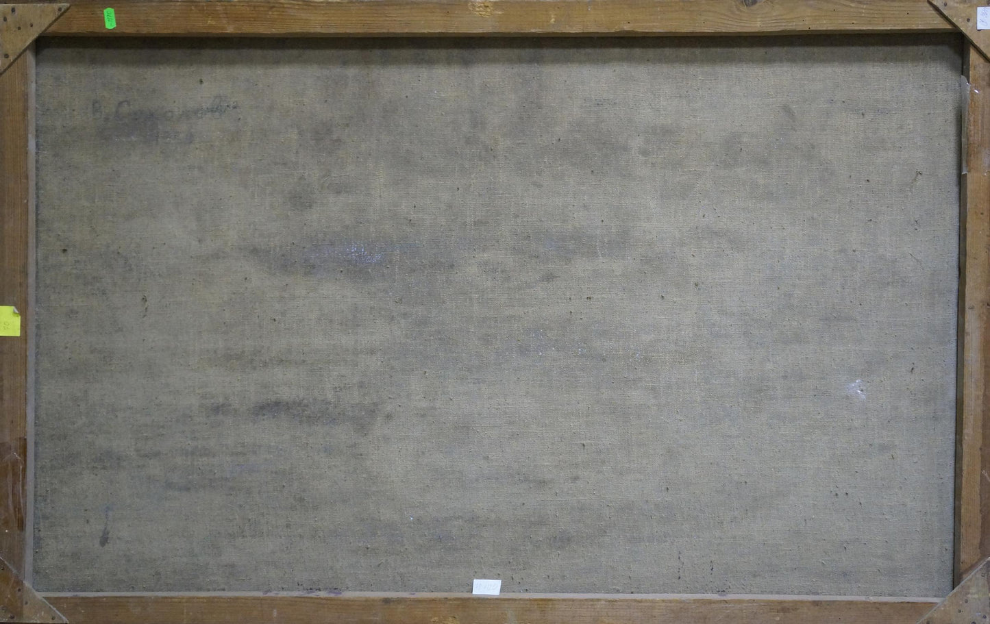 Back of Oil painting Seascape Vasily Sokolov with wooden canvas frame and gray fabric backing