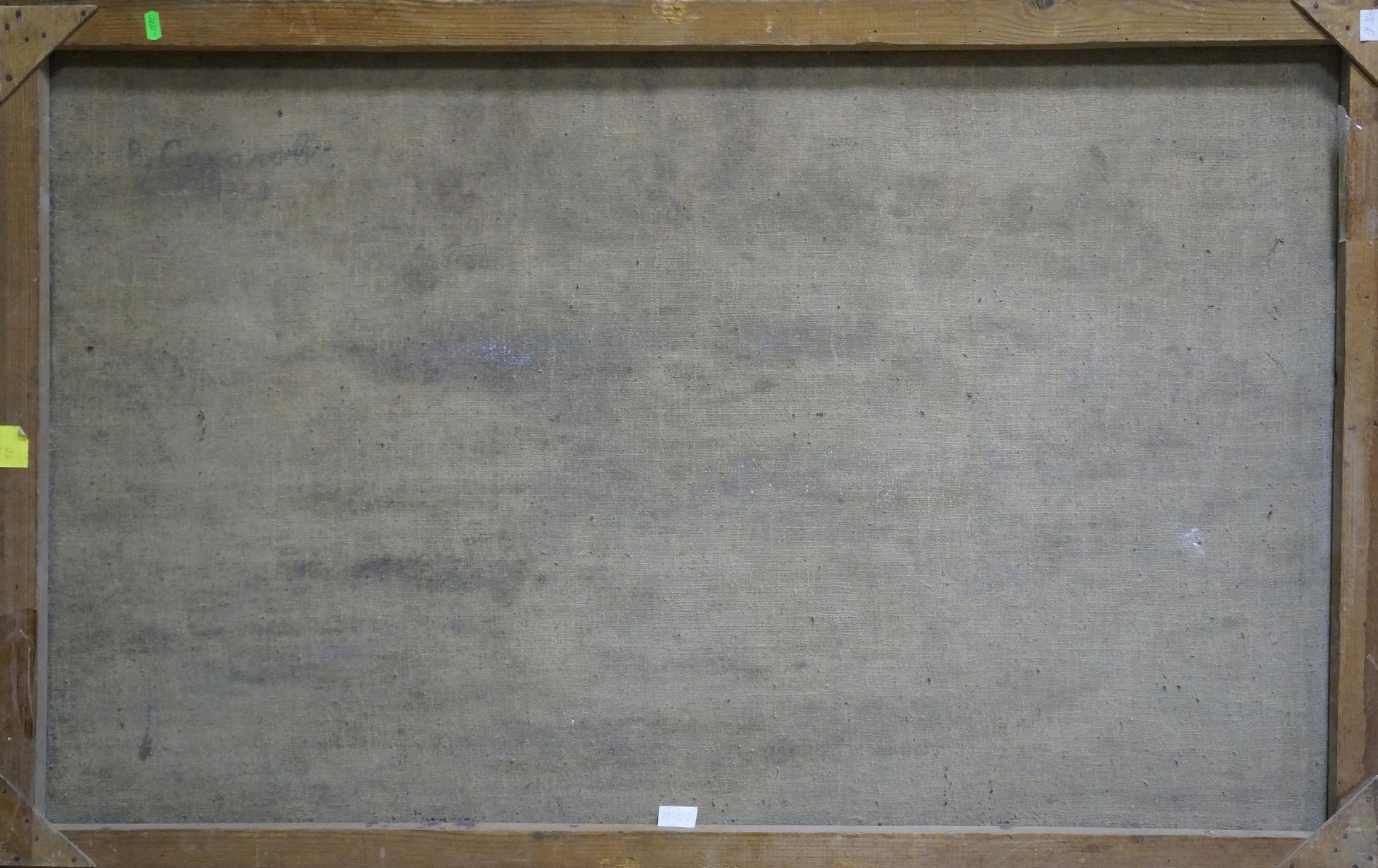 Back of Oil painting Seascape Vasily Sokolov with wooden canvas frame and gray fabric backing
