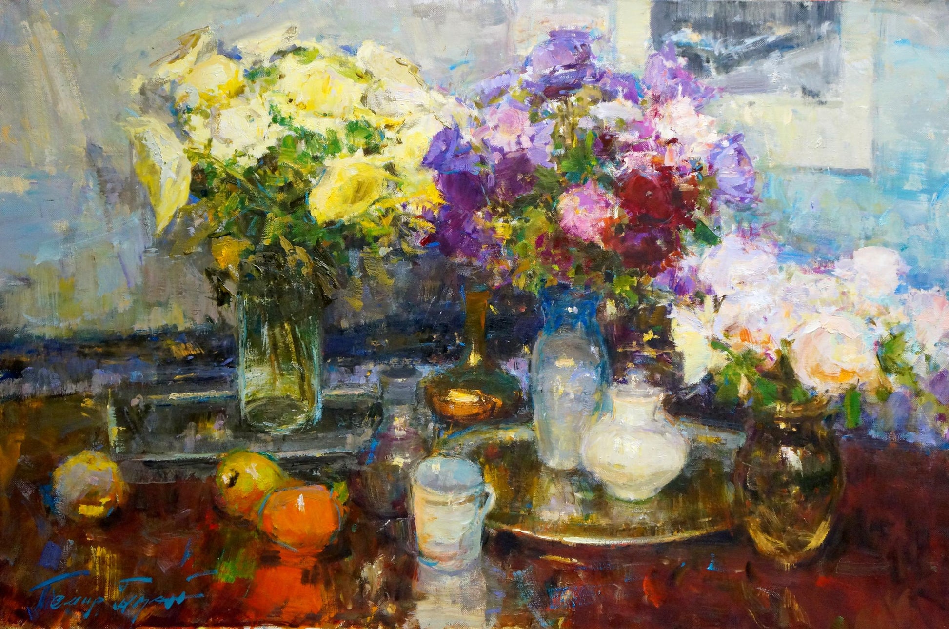 Oil painting by Ryman Temir Evgenievich: vibrant yellow purple flowers in vases on brass tray