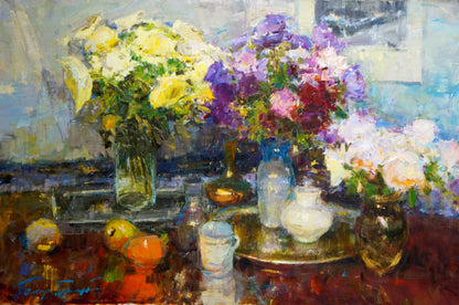 Oil painting by Ryman Temir Evgenievich: vibrant yellow purple flowers in vases on brass tray