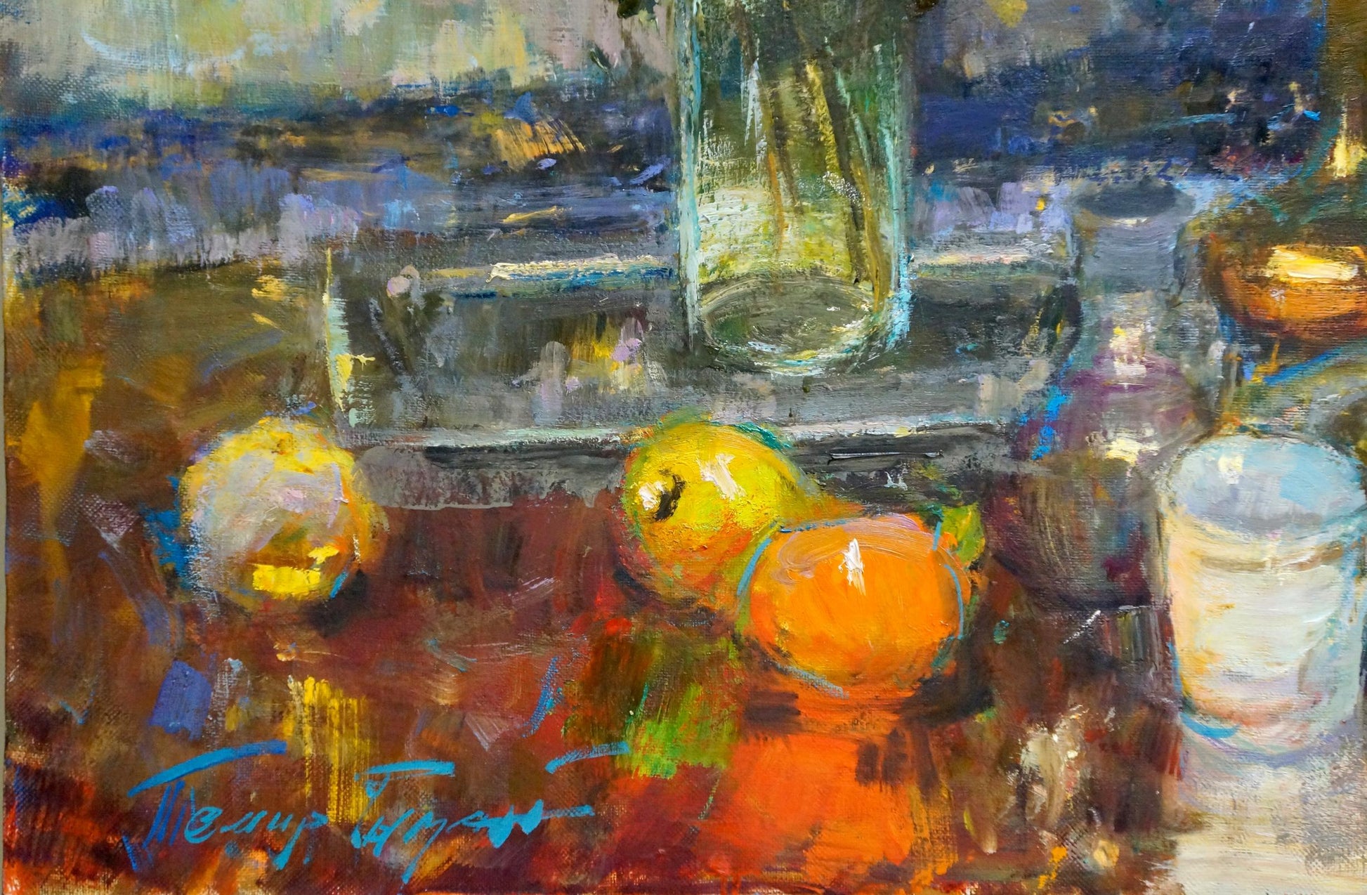 Vibrant impressionist oil painting of citrus fruits and glassware by Ryman Temir Evgenievich