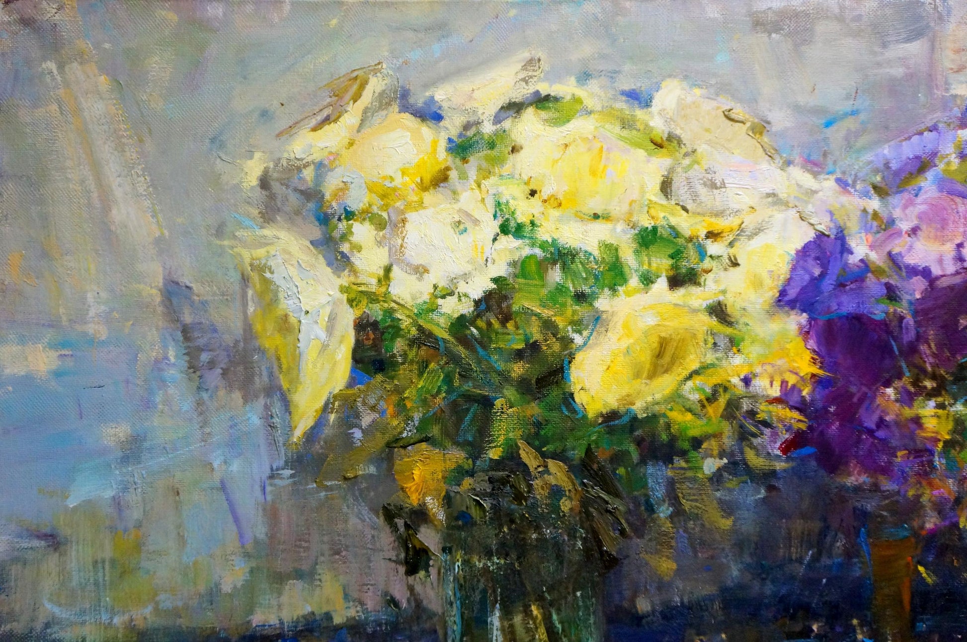 Vibrant impressionist oil painting of yellow purple flowers by Ryman Temir Evgenievich
