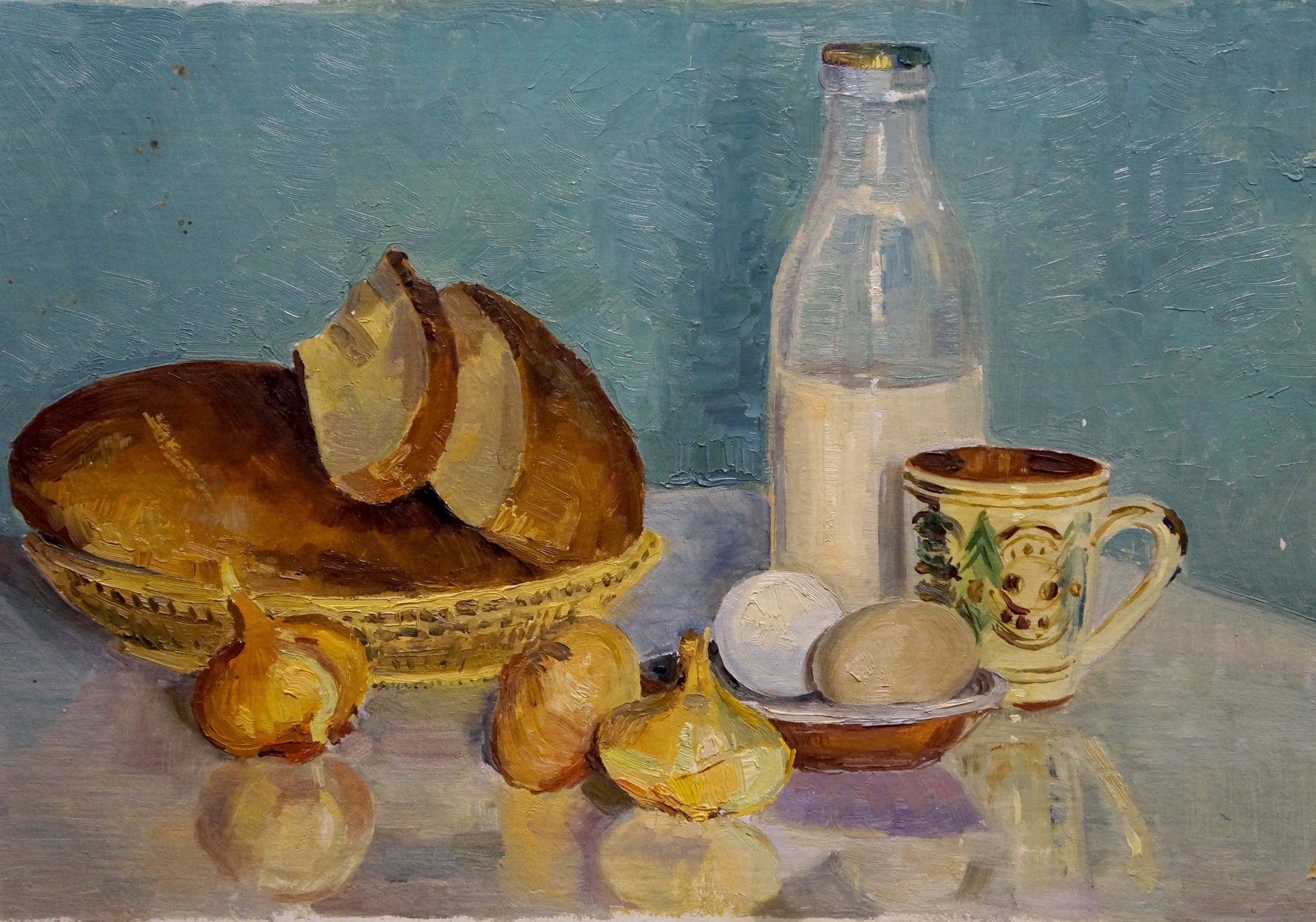Oil painting of rustic basket holding sliced golden-brown bread on table