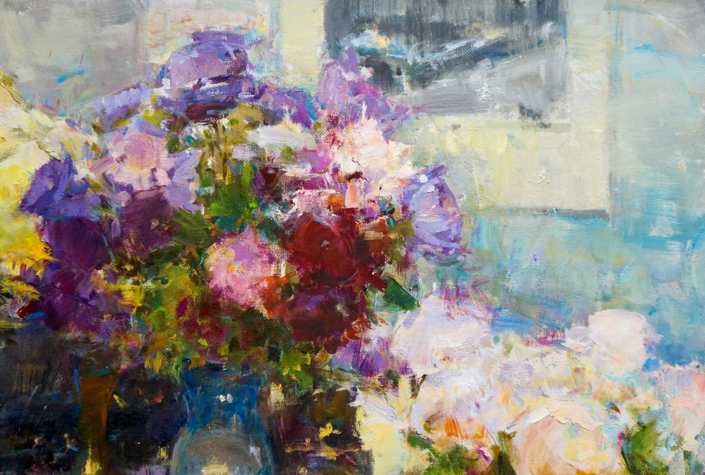 Vibrant impressionistic oil painting of lush bouquet in blue vase by Ryman Temir Evgenievich