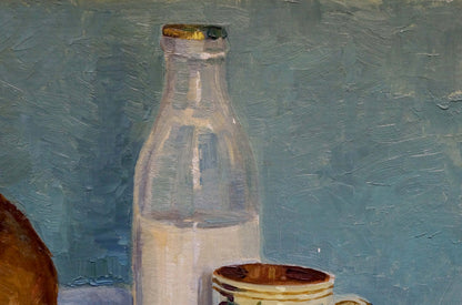 Clear glass milk bottle with gold black cork in Oil painting Food on the table