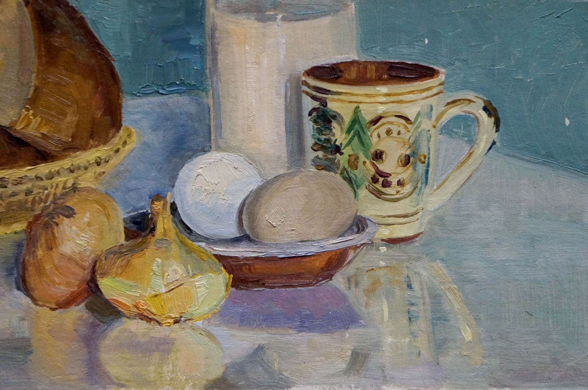 Oil painting Food on the table mug with beige base, green brown patterns, chipped rim