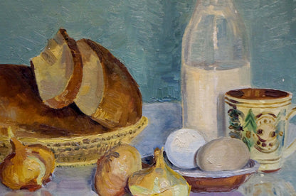 Oil painting of rustic ceramic mug with floral patterns on table