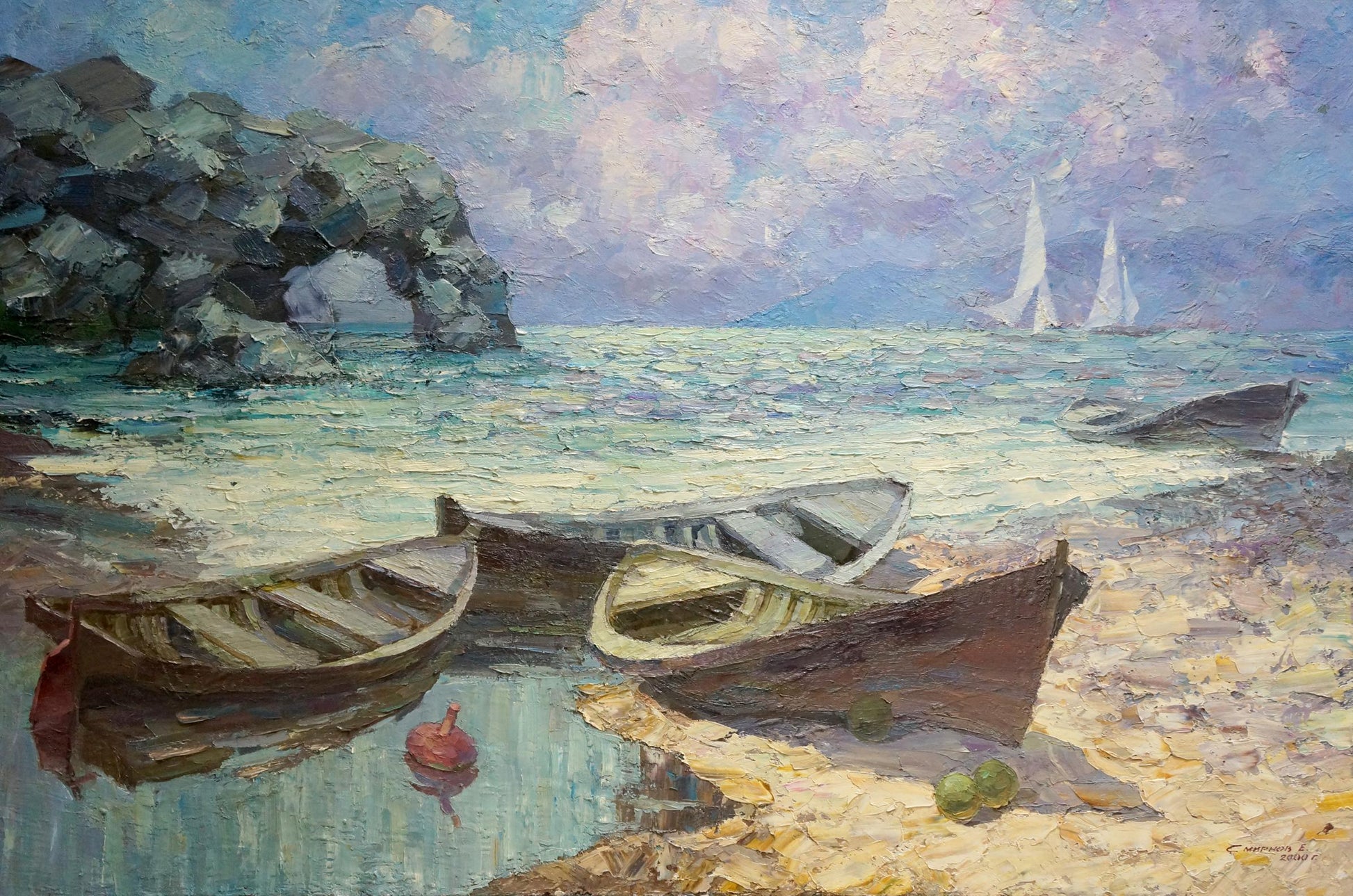 Oil painting of three weathered rowboats on pebbled shore by Smirnov Evgeny Vladimirovich