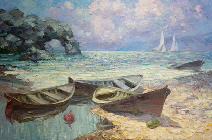 Oil painting of three weathered rowboats on pebbled shore by Smirnov Evgeny Vladimirovich