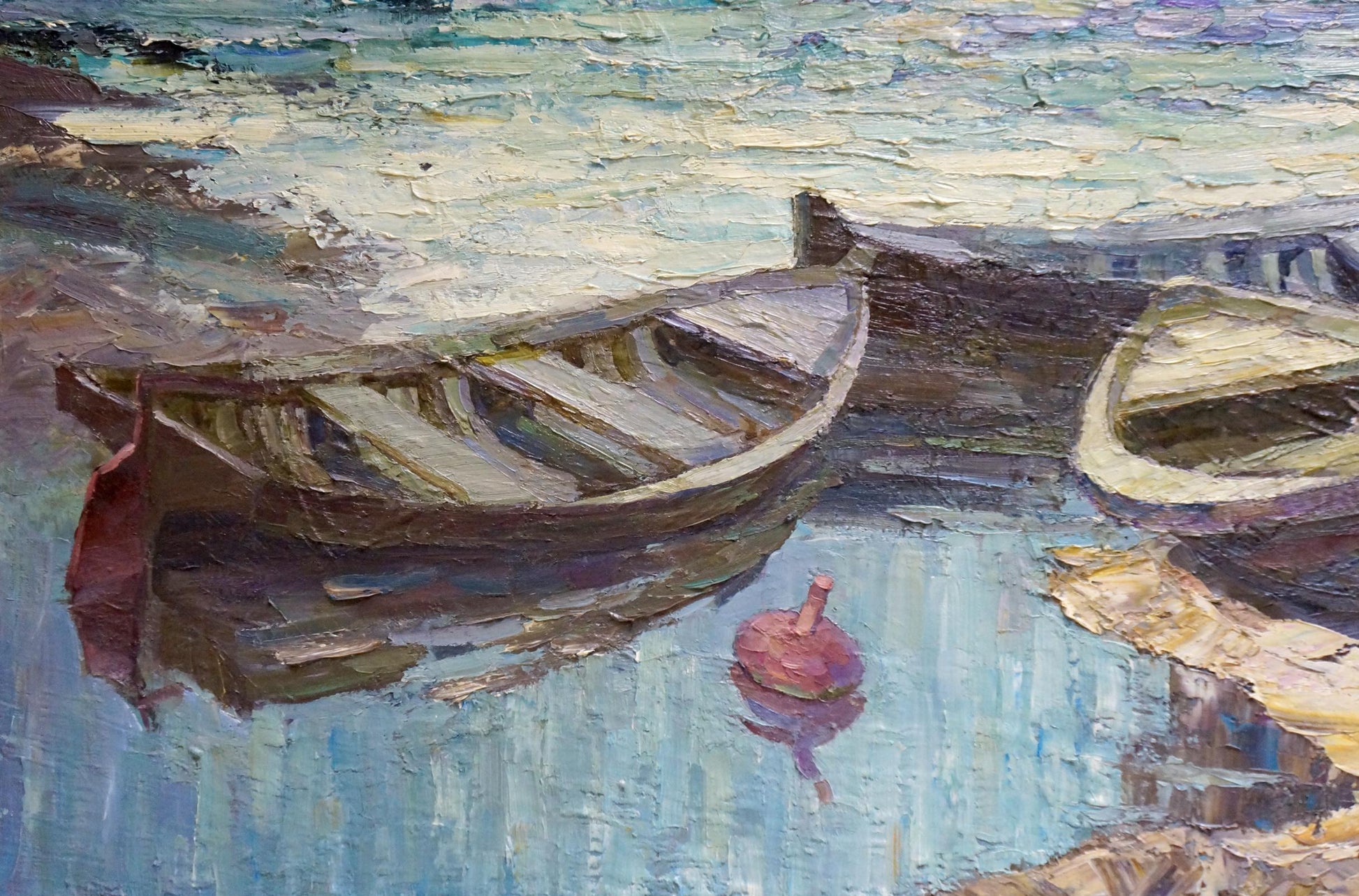 Oil painting of weathered rowboat near shore by Smirnov Evgeny Vladimirovich
