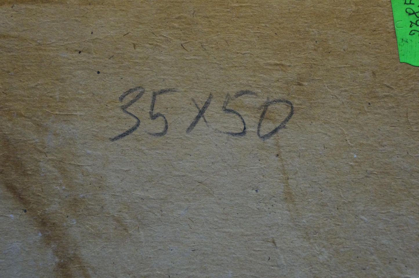 Back of Oil painting Food on the table with handwritten 35x50 in black ink on beige texture